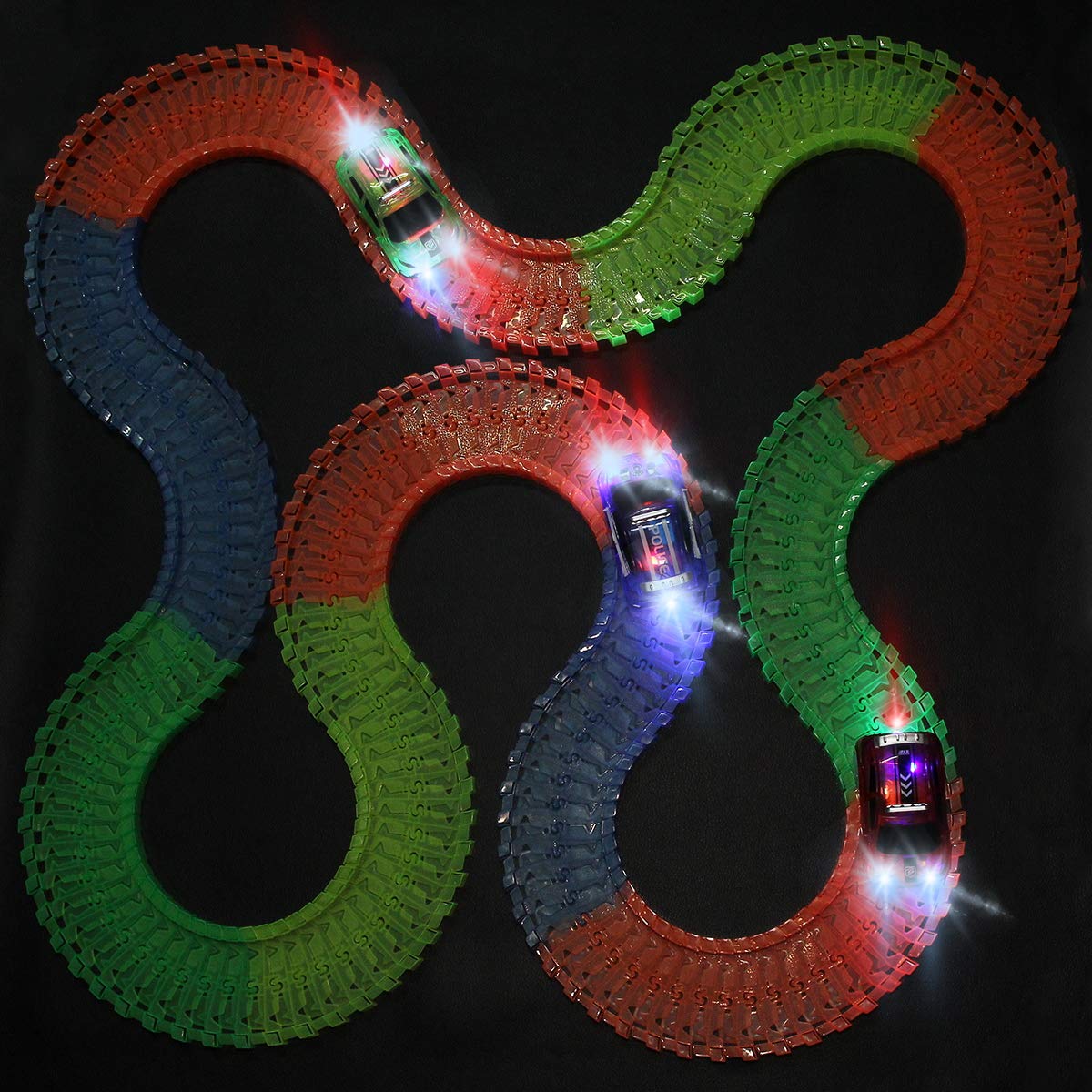 Save Unicorn flex-track race cars with LED lights for dynamic race setups.