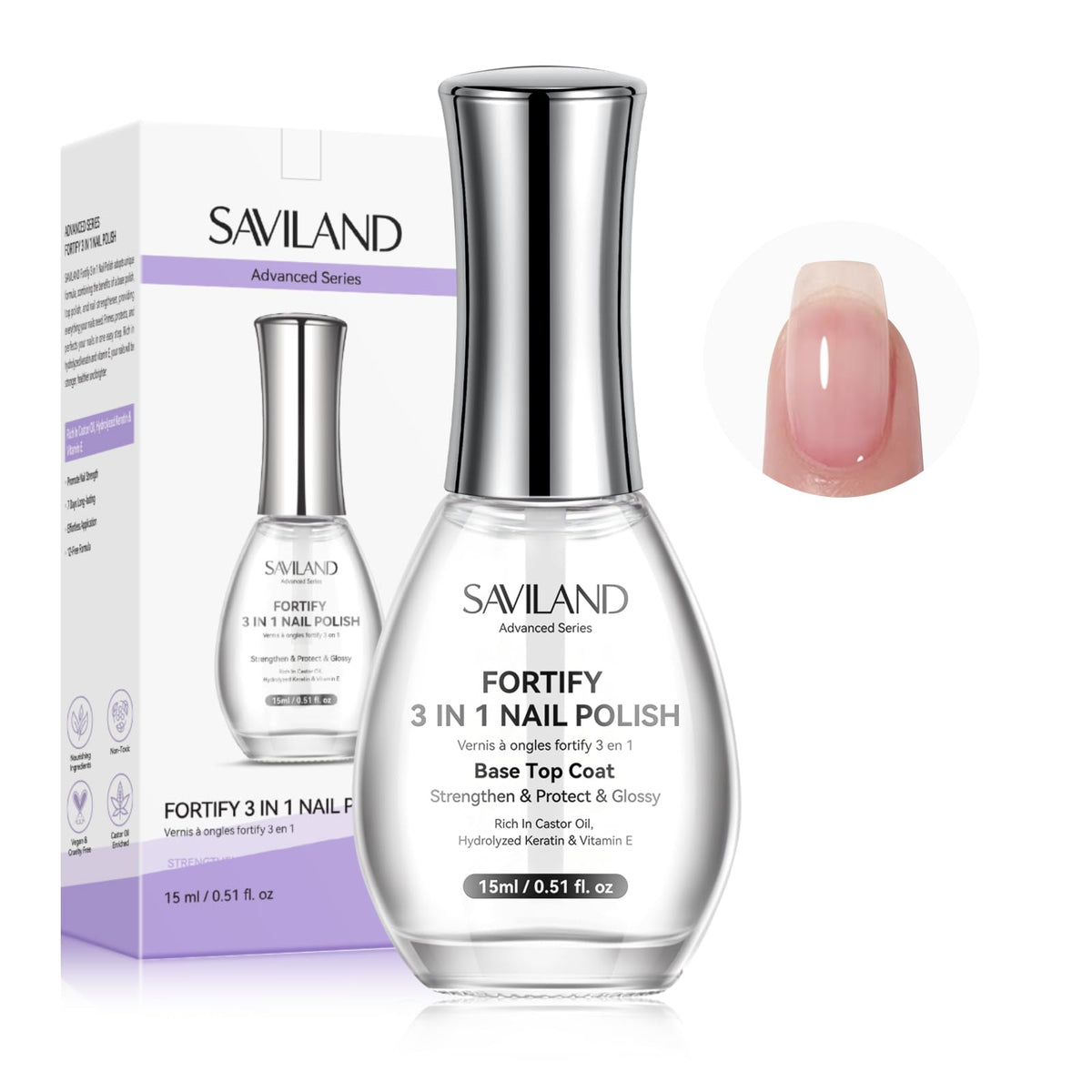 SAVILAND 3-in-1 base top coat bottle for at-home manicure