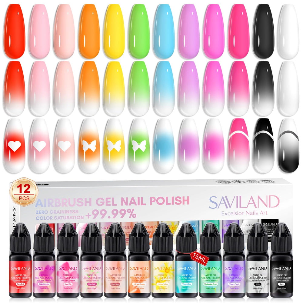 SAVILAND 12-color airbrush gel nail polish bottles arranged for color variety and inspiration.