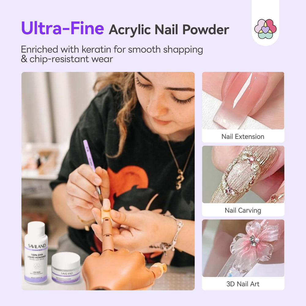 SAVILAND MMA-free liquid bottle image demonstrates gentle formula for comfortable DIY nails.
