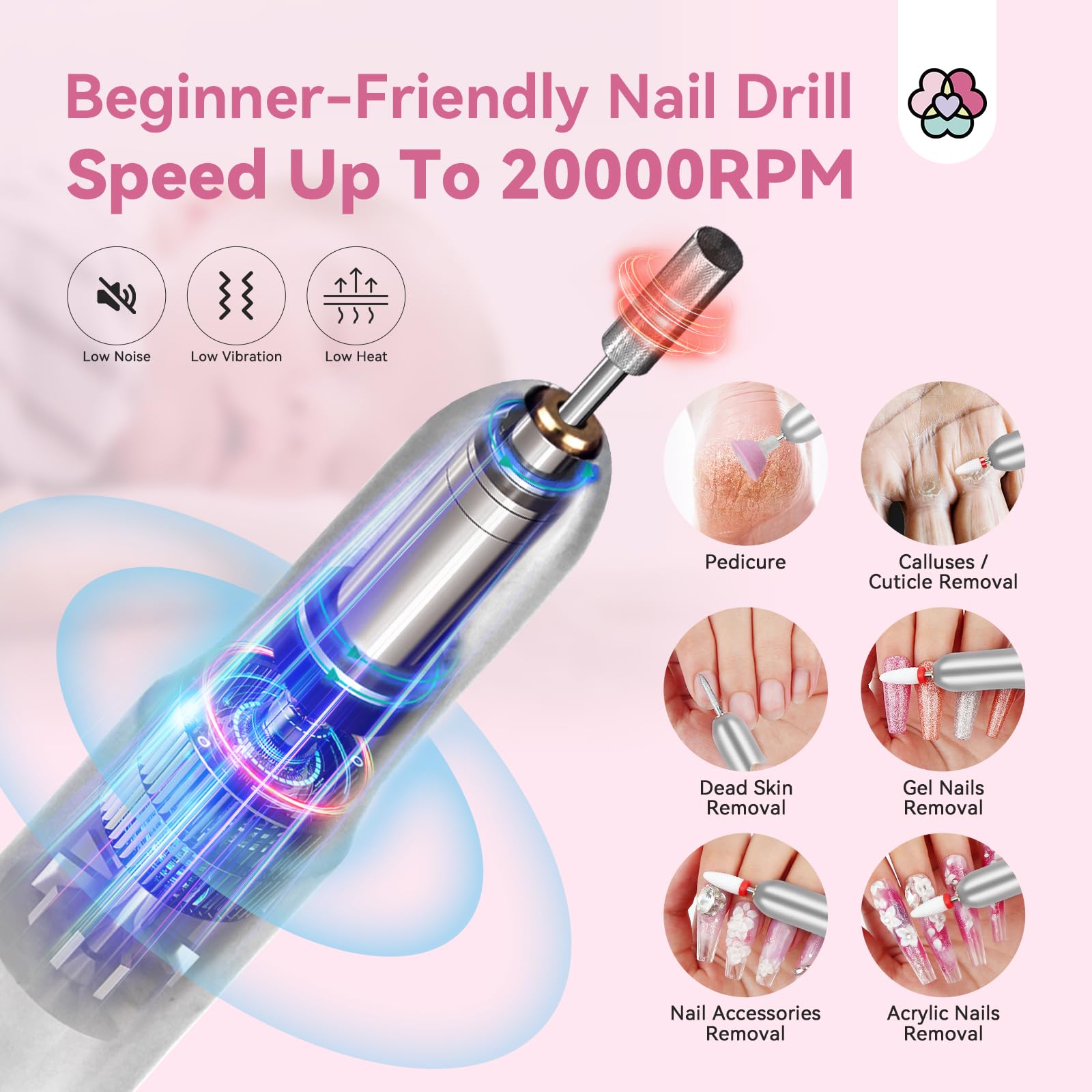 SAVILAND nail drill and accessories for shaping and smoothing nails.