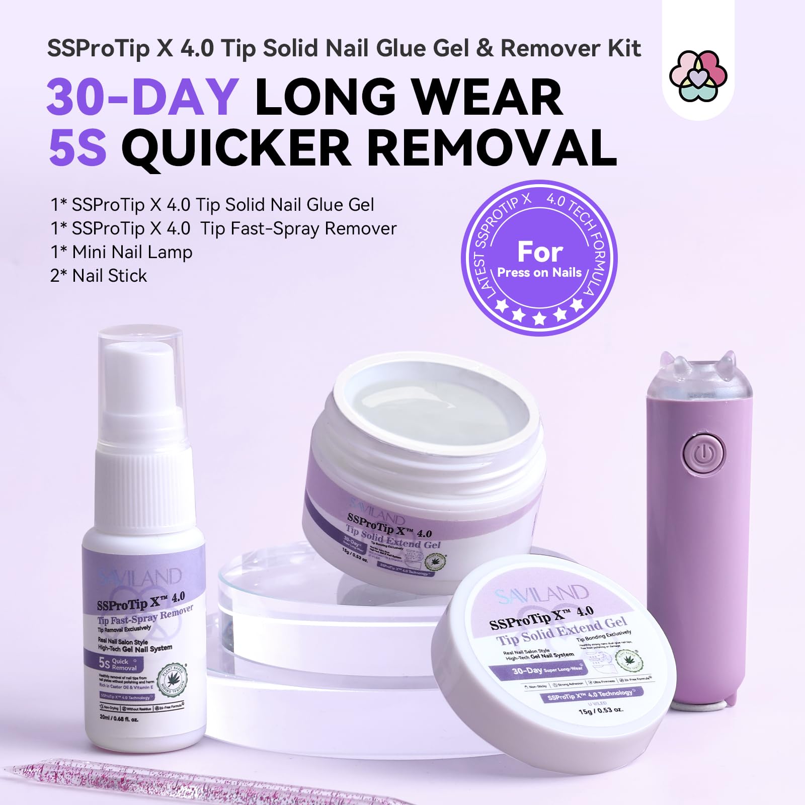 SAVILAND nail glue remover spray for quick, gentle removal with nourishing oils.