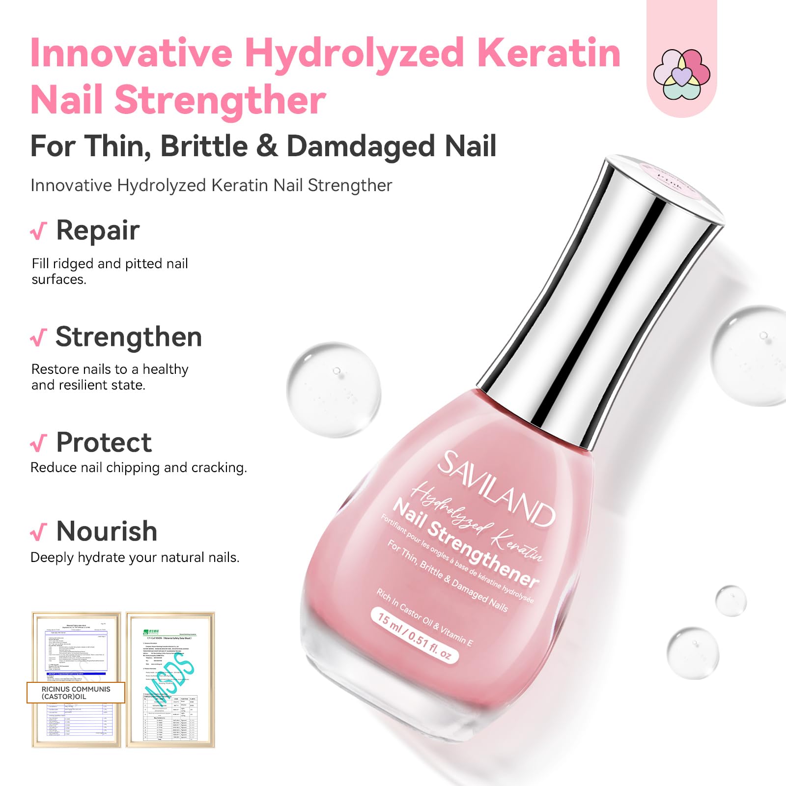 SAVILAND nail strengthener swatch demonstrates buildable coverage with a subtle glossy glow.