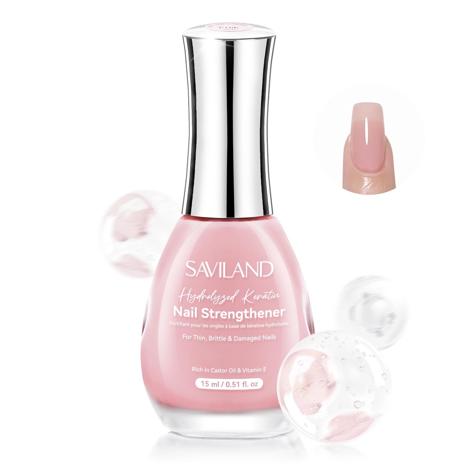 SAVILAND Nail Strengthener bottle shows sheer pink finish for natural-looking nails.