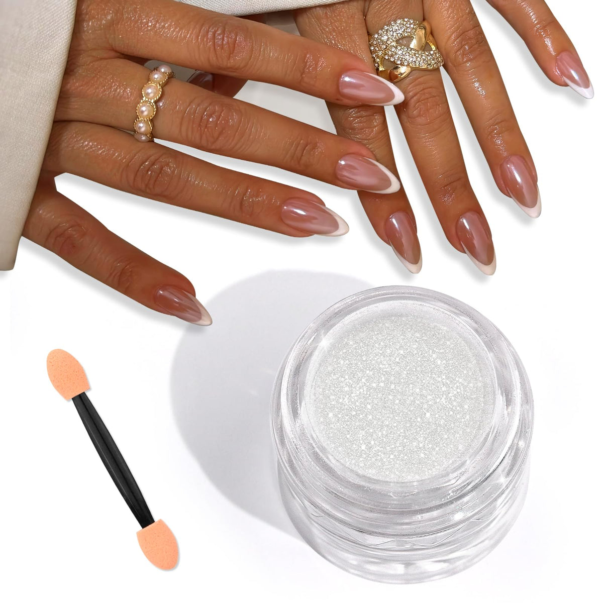 SAVILAND white pearl chrome nail powder bottle display showing luminous finish