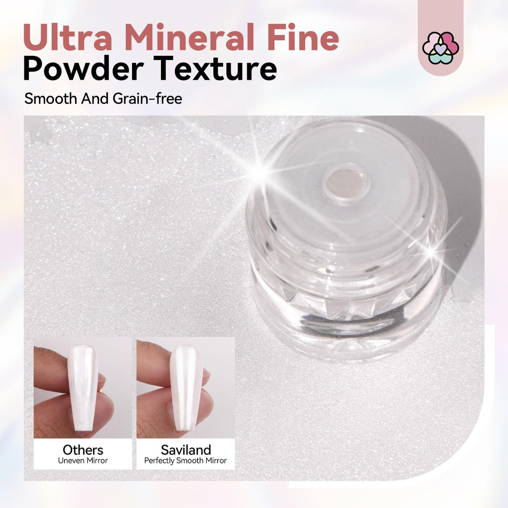 SAVILAND white pearl chrome powder on natural nail for shine