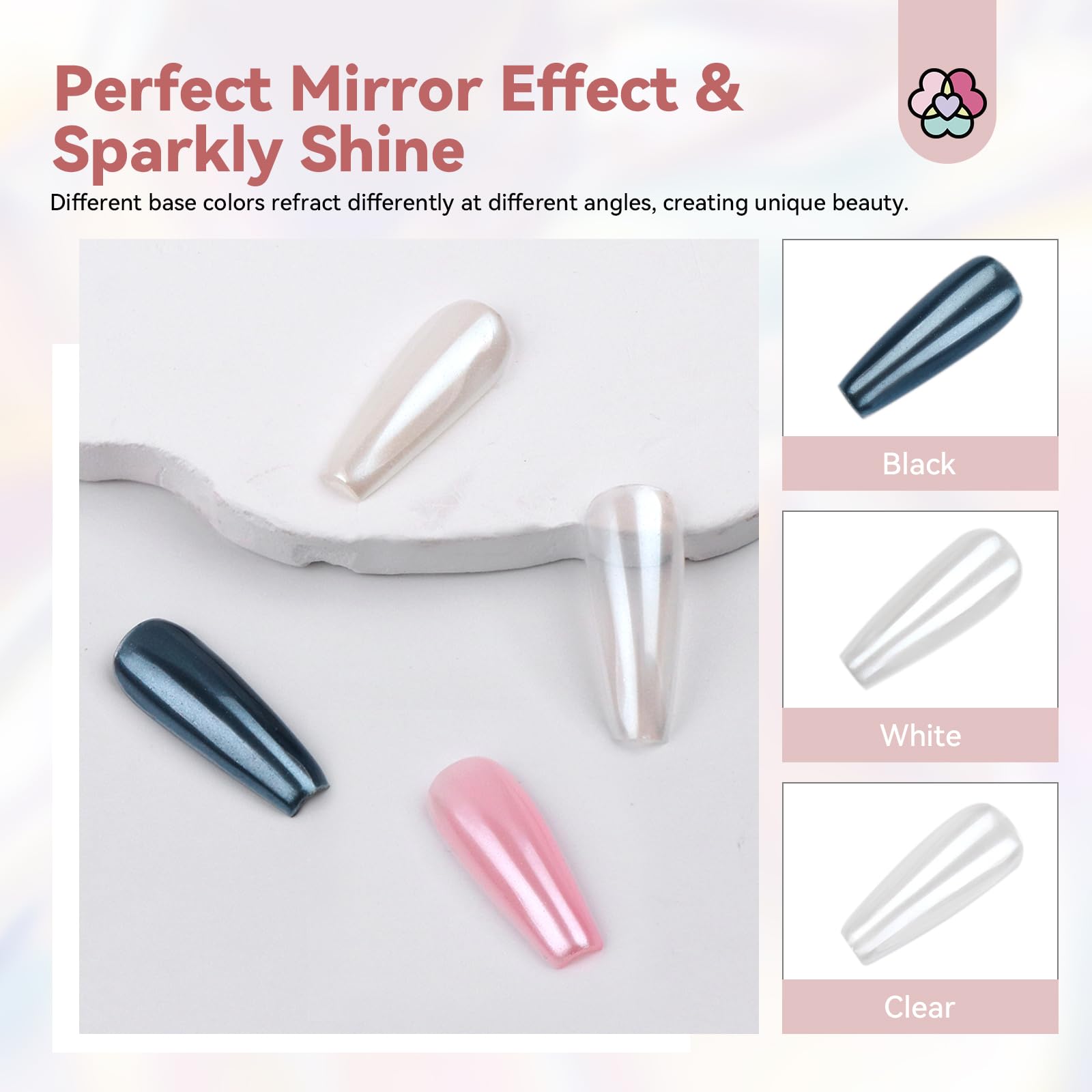 SAVILAND white pearl chrome powder applied on UV gel nail with mirror effect