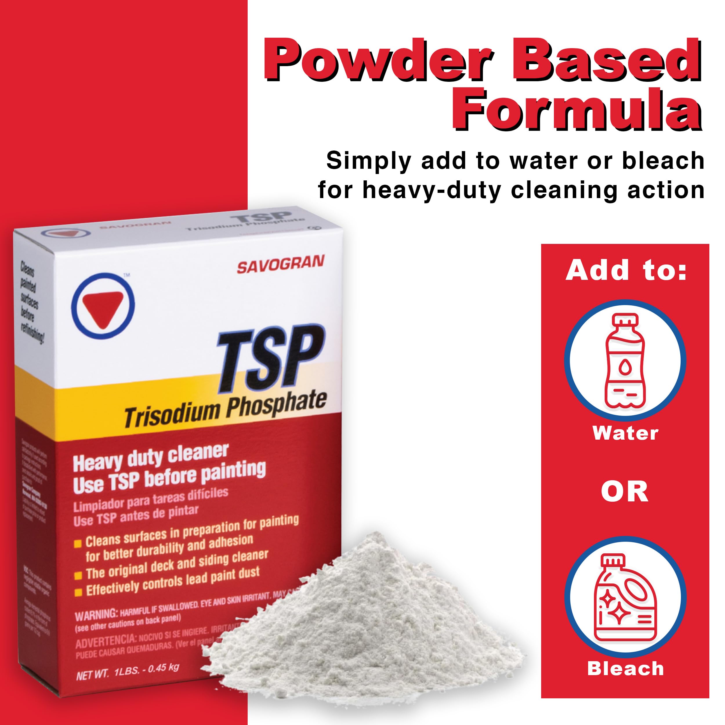 Savogran Trisodium Phosphate powder close-up showing texture for tough stain removal.