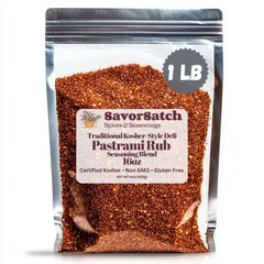 SavorSatch Pastrami Rub bulk pouch on kitchen counter for home and restaurant use