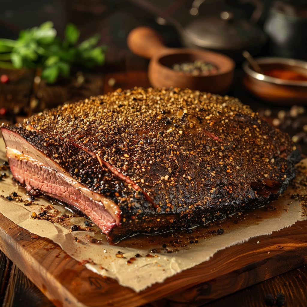 Corned beef slices seasoned with SavorSatch Pastrami Rub