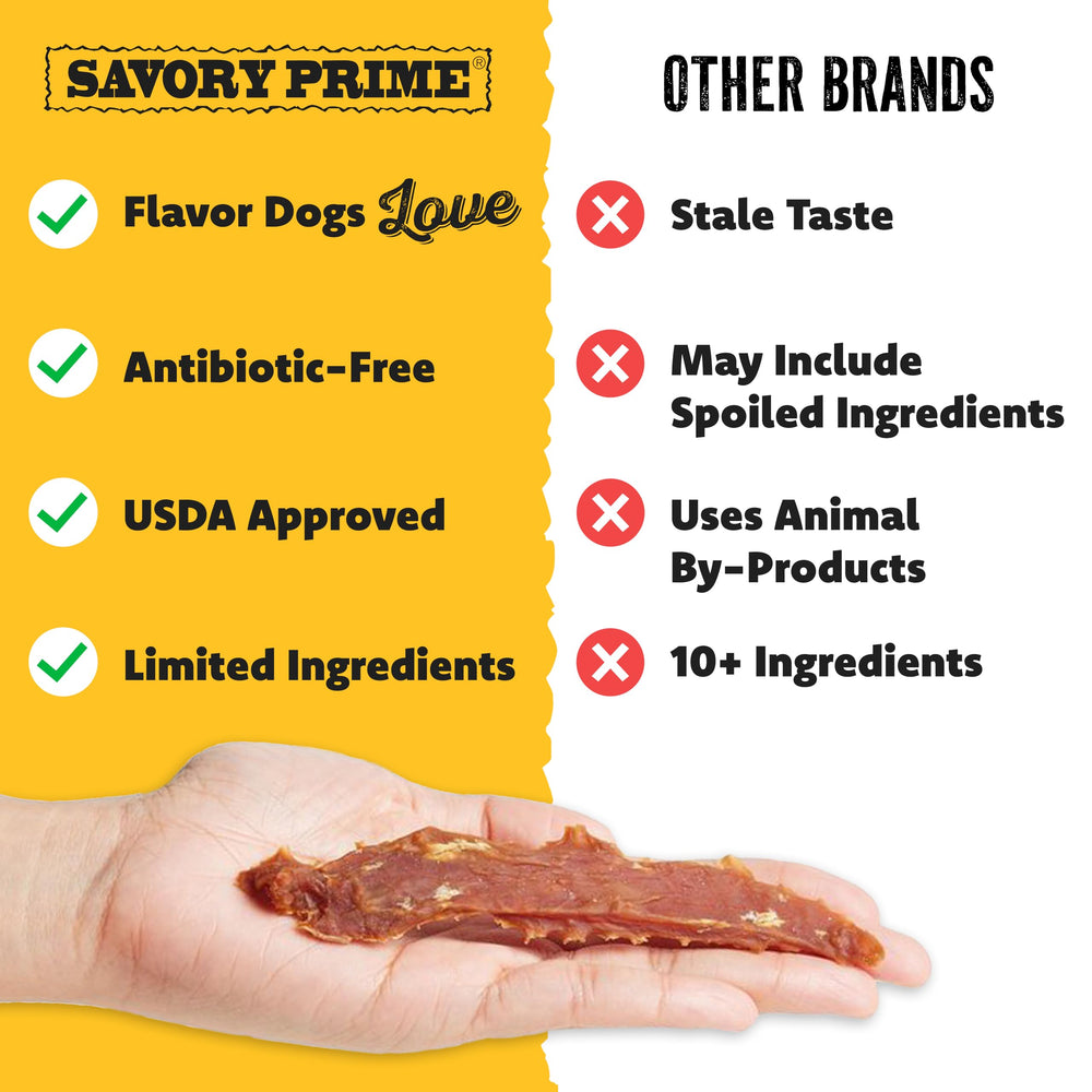 Dog enjoying Savory Prime Duck Jerky during playtime
