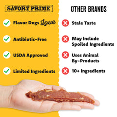 Dog enjoying Savory Prime Duck Jerky during playtime