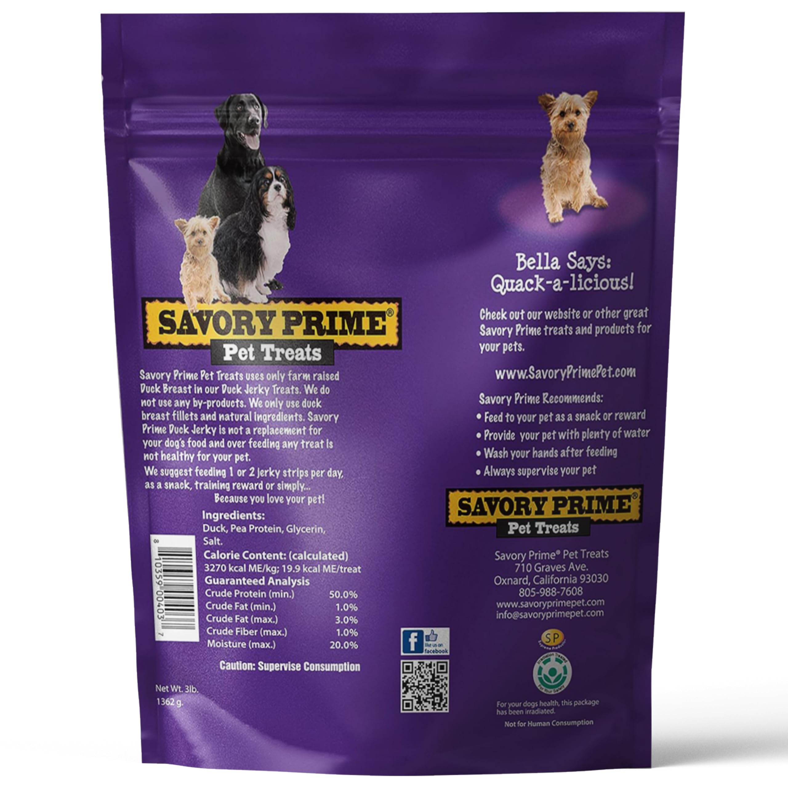 Minimal ingredients list on Savory Prime duck jerky label