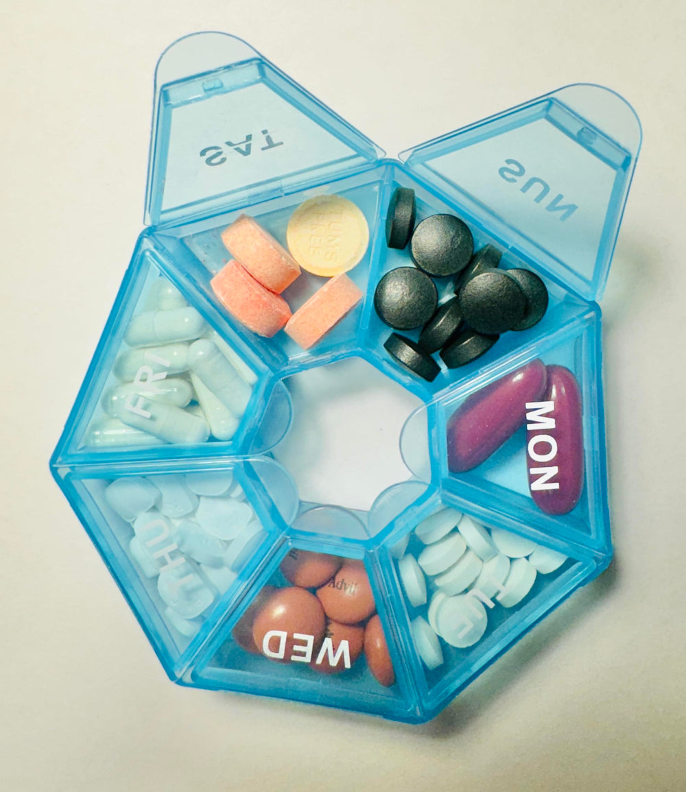 Bundle with weekly organizer beside Saw Palmetto softgels for consistency