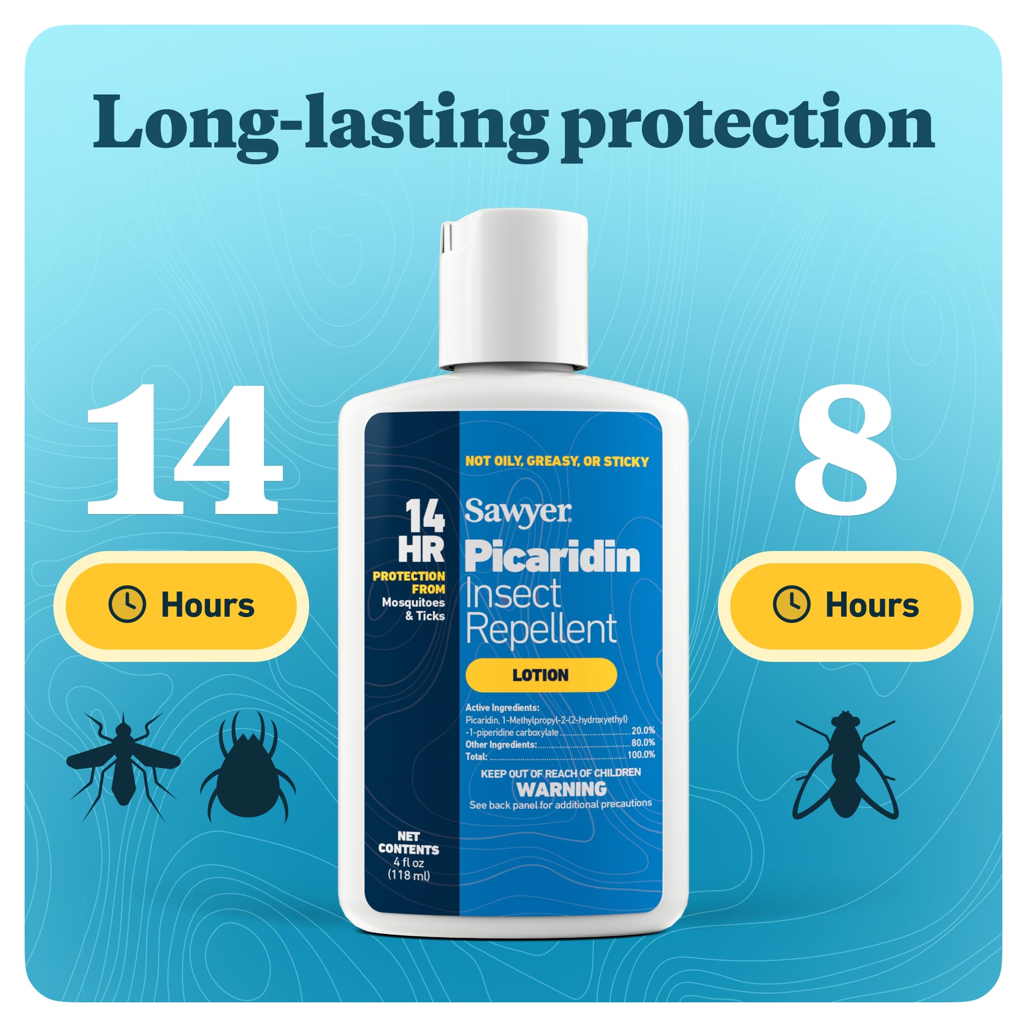 Sawyer 20% Picaridin lotion lasts up to 8 hours against flies and gnats.