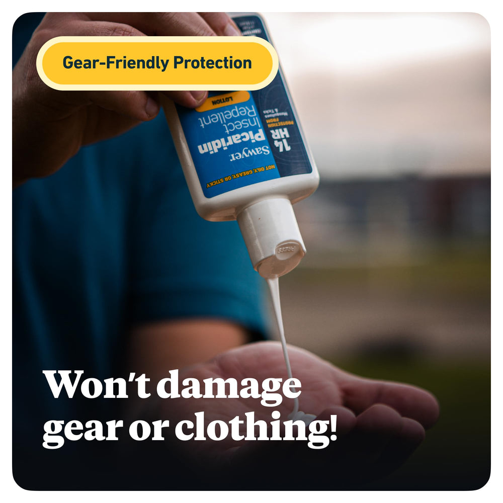 Sawyer 20% Picaridin lotion safe on clothing and gear for hiking.