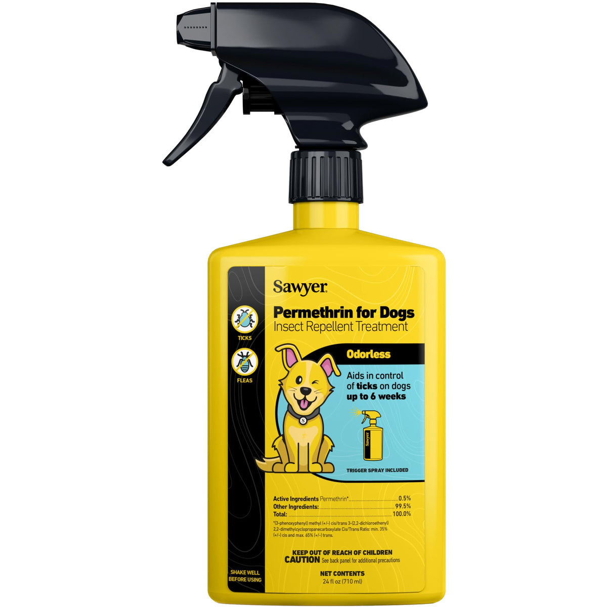Sawyer Permethrin dog spray bottle for tick protection outdoors.