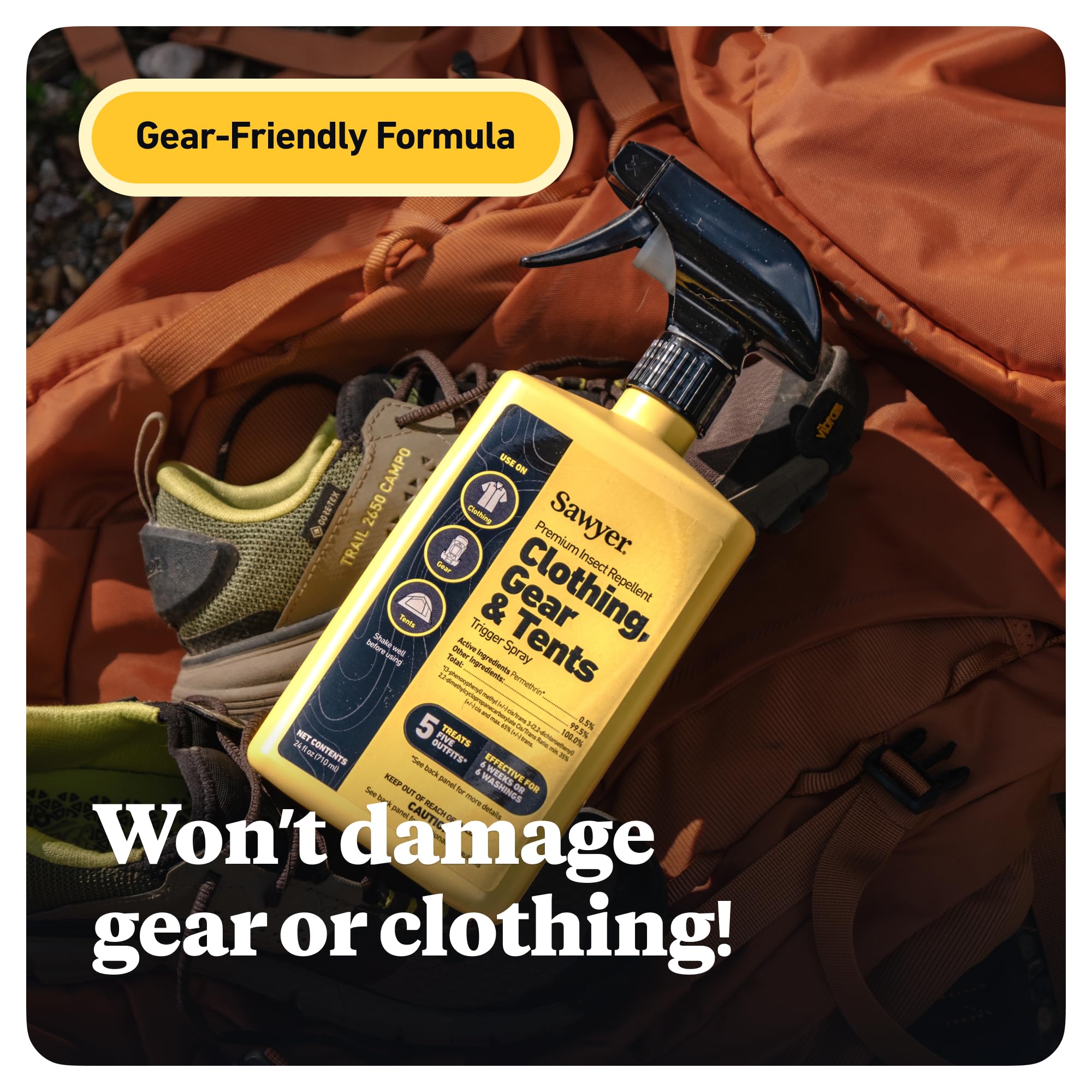 Sawyer Permethrin on clothing and gear for insect repellent during outdoor adventures.