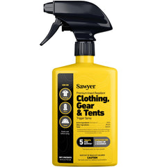 Sawyer Permethrin spray bottle applying to clothing for extended insect protection