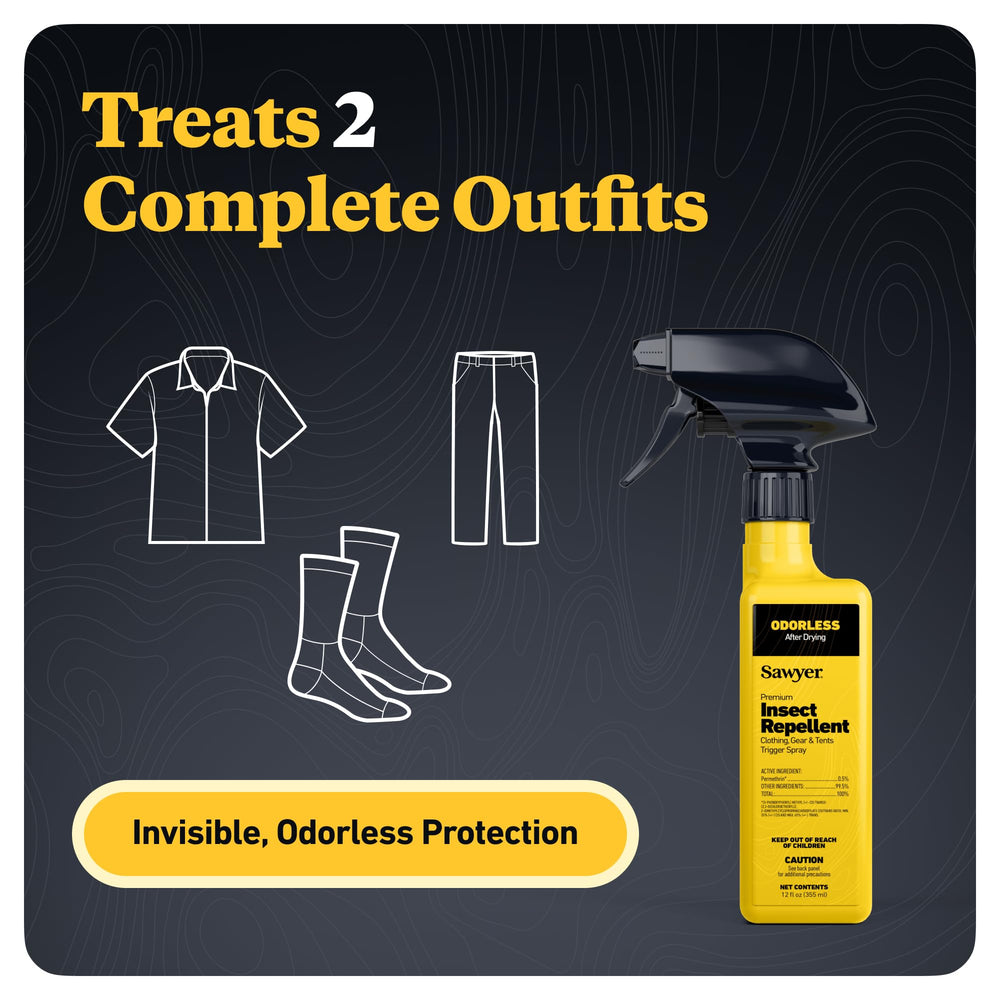 Sawyer Permethrin spray-on clothing provides long-lasting protection for outdoor wear.