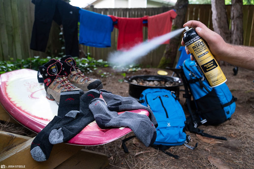 Sawyer Permethrin on fabric to deter ticks during outdoor activities
