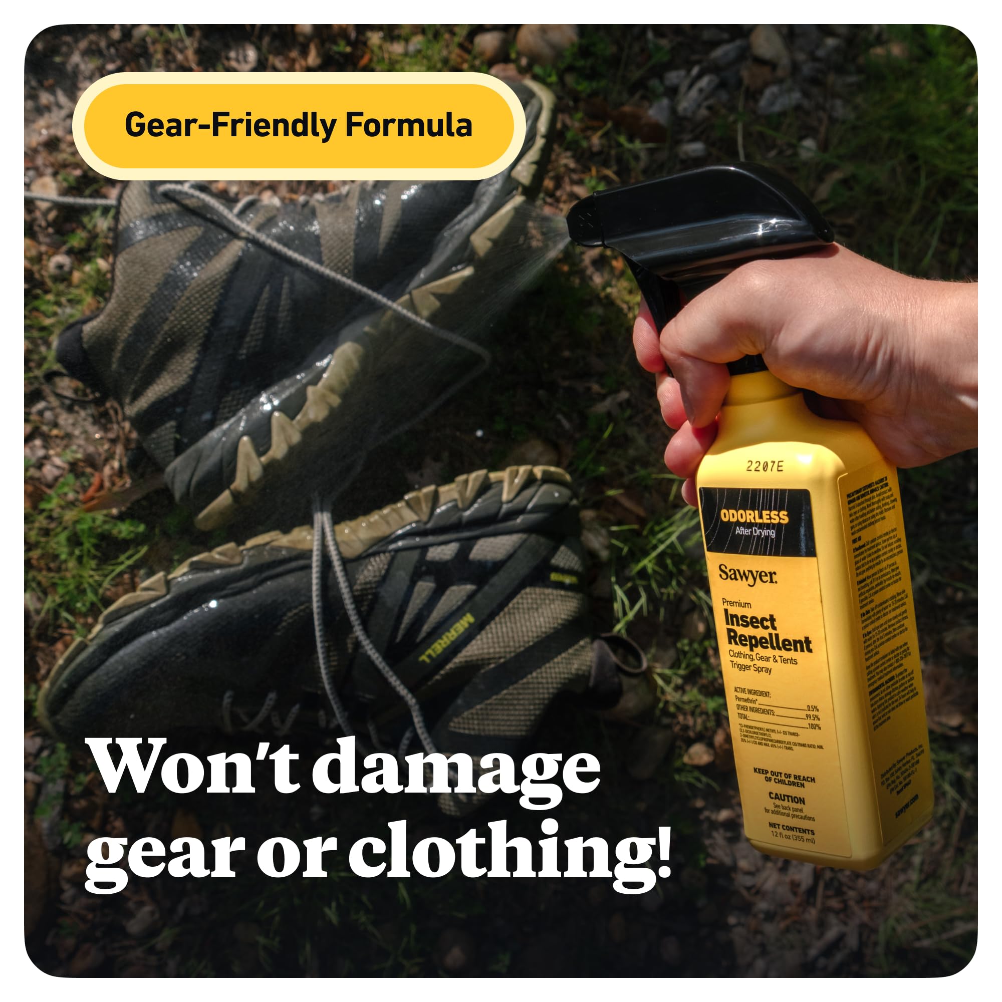 Sawyer SP649 spray on gear provides coverage for tents and sleeping bags.