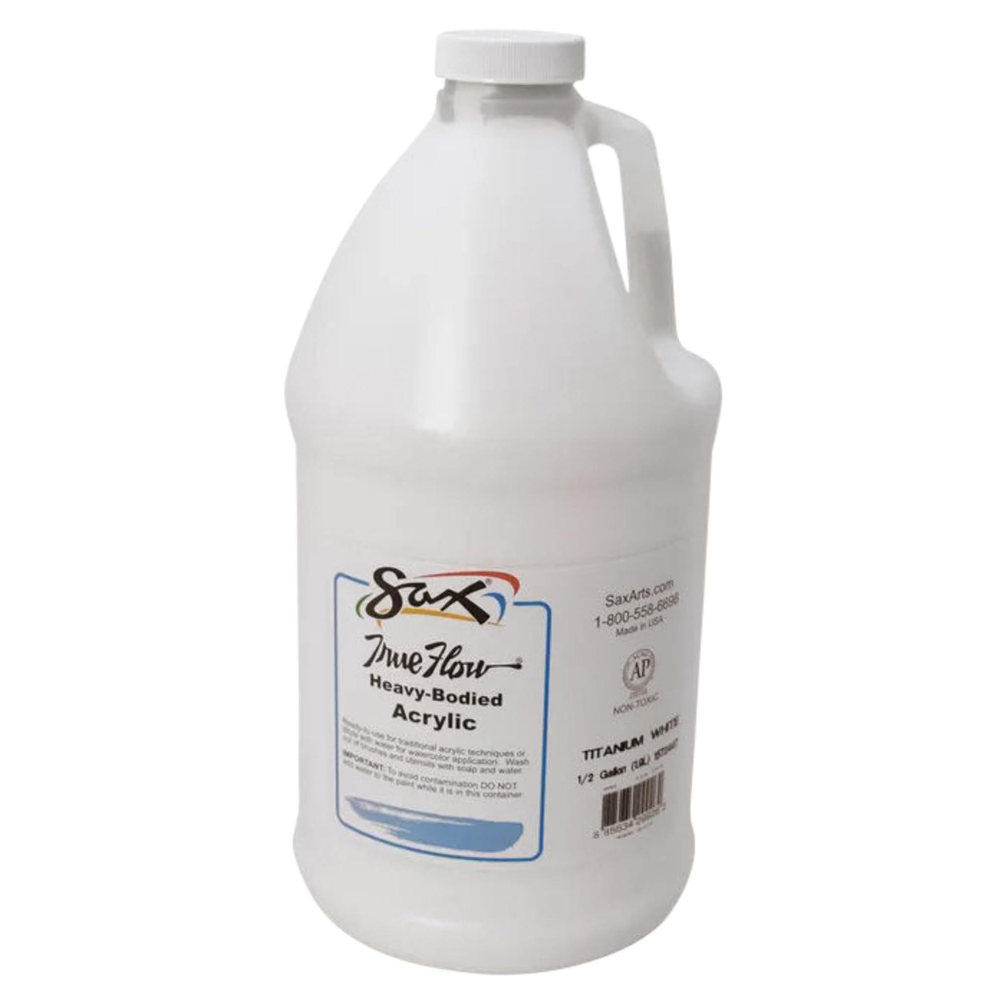 Sax True Flow heavy body paint titanium white bottle pour showing creamy coverage.