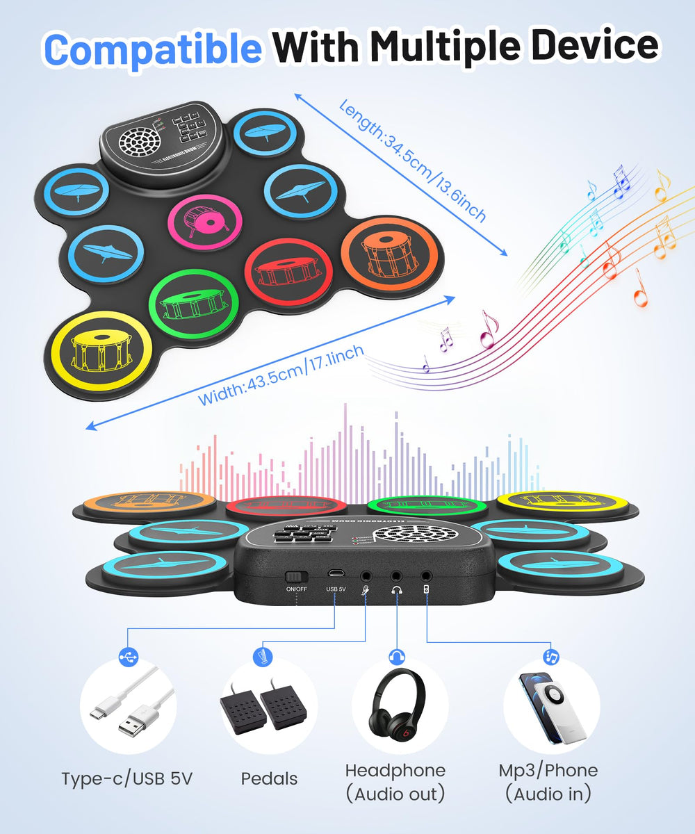 Sboet drum kit with headphone jack for quiet practice and personal playback.