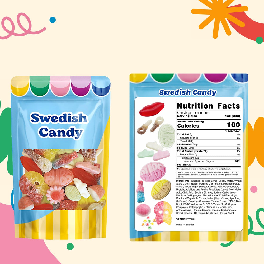 Colorful gummies illustration highlighting the soft, chewy texture and fruity flavors from Scandylicious BUBS.