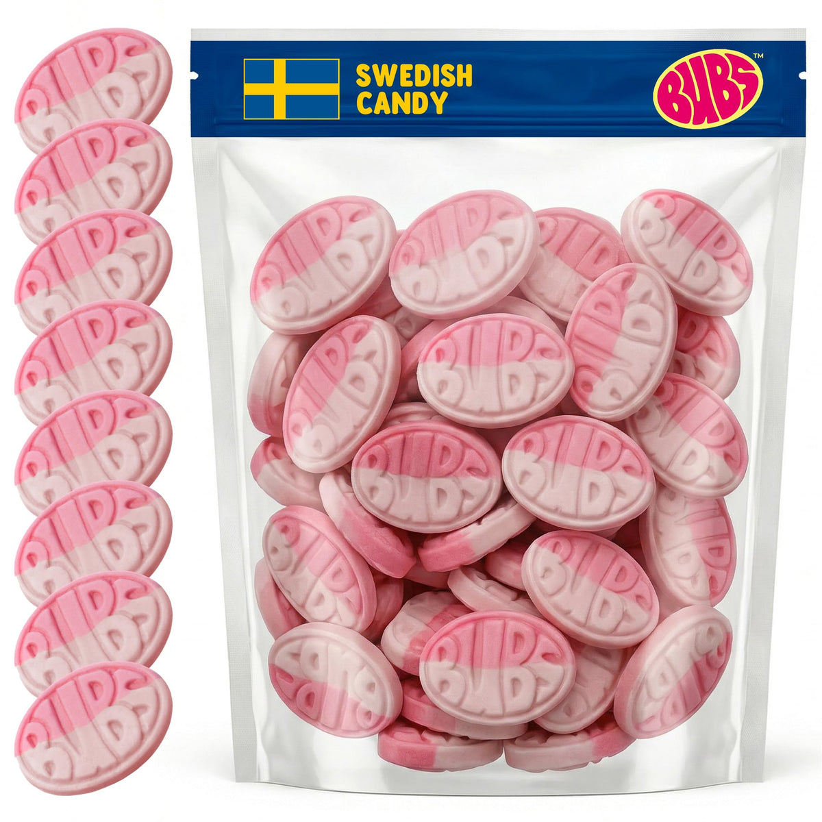 Scandylicious Bubs Swedish Candy wild strawberry pomegranate ovals packshot showcasing authentic Swedish flavor