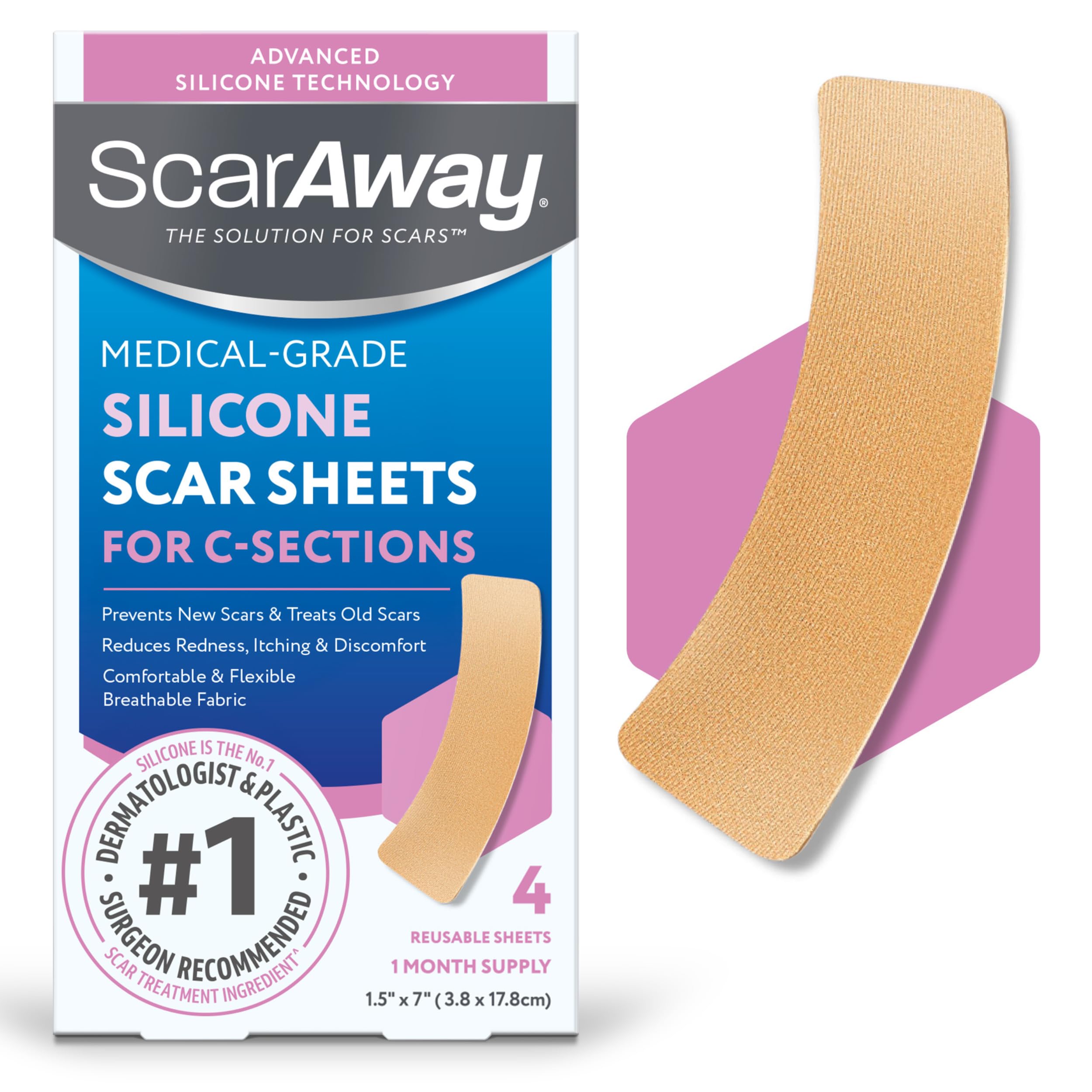 ScarAway Advanced silicone scar sheets in use on abdomen for C-section recovery.