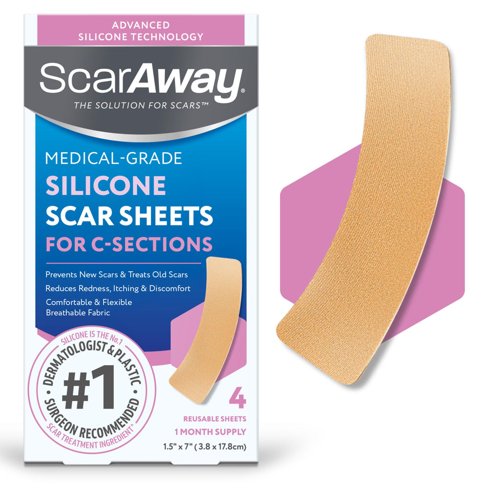 ScarAway Advanced silicone scar sheets in use on abdomen for C-section recovery.