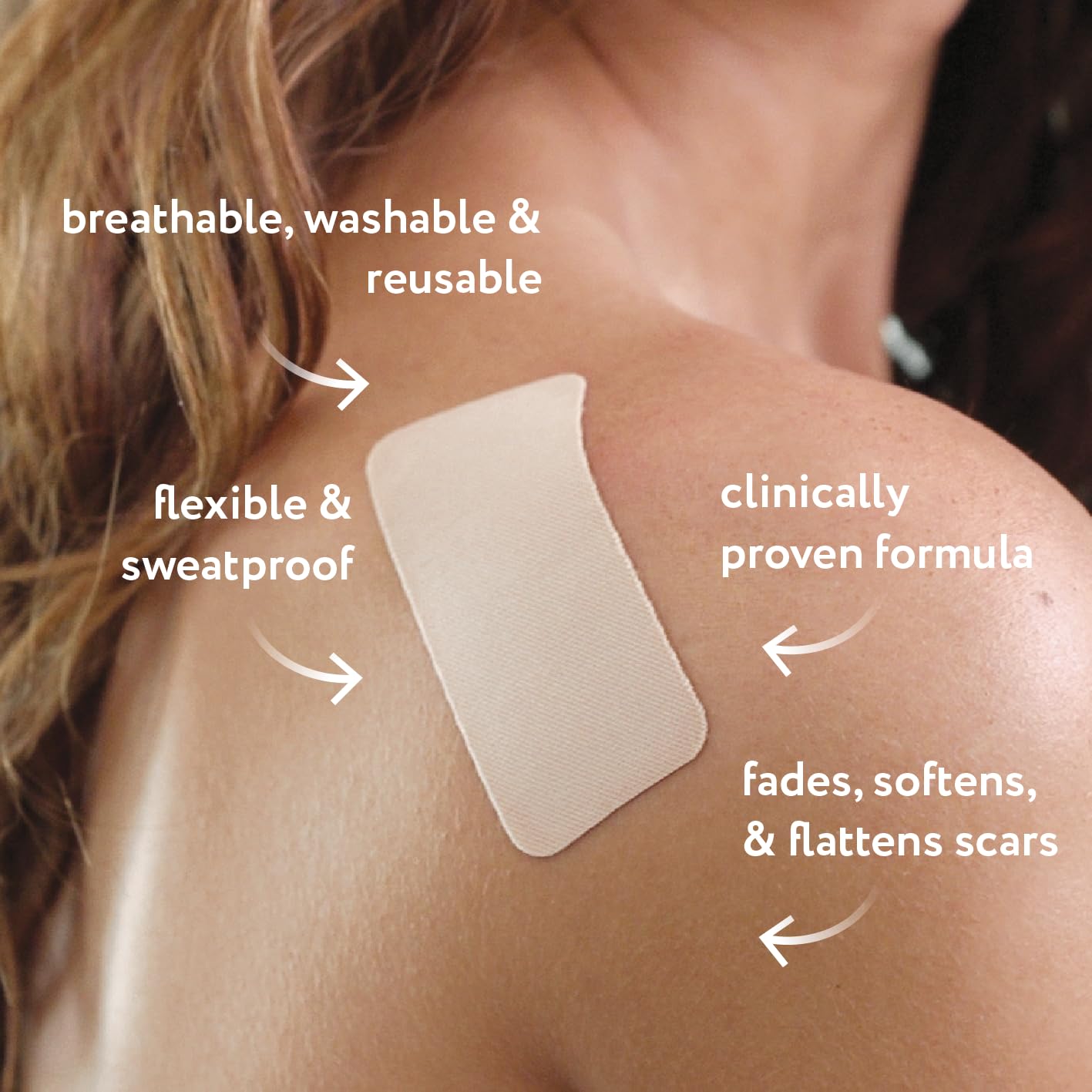 ScarAway advanced silicone scar sheets on skin demonstrate easy-to-use, self-adhesive scar treatment.