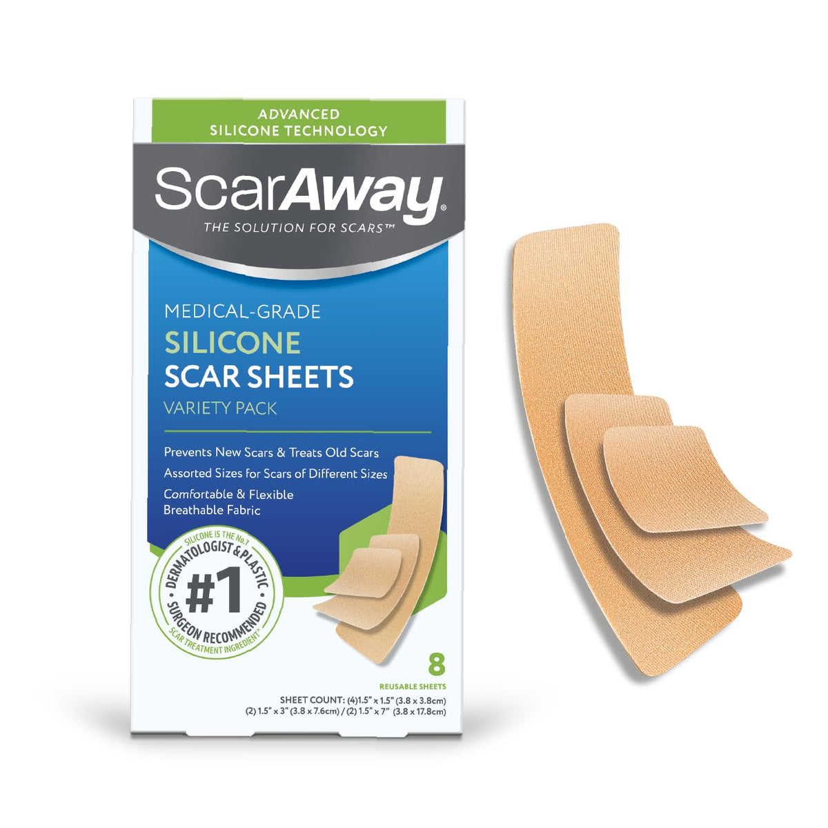 ScarAway Advanced Silicone Scar Sheets pack overview for scar treatment and prevention.