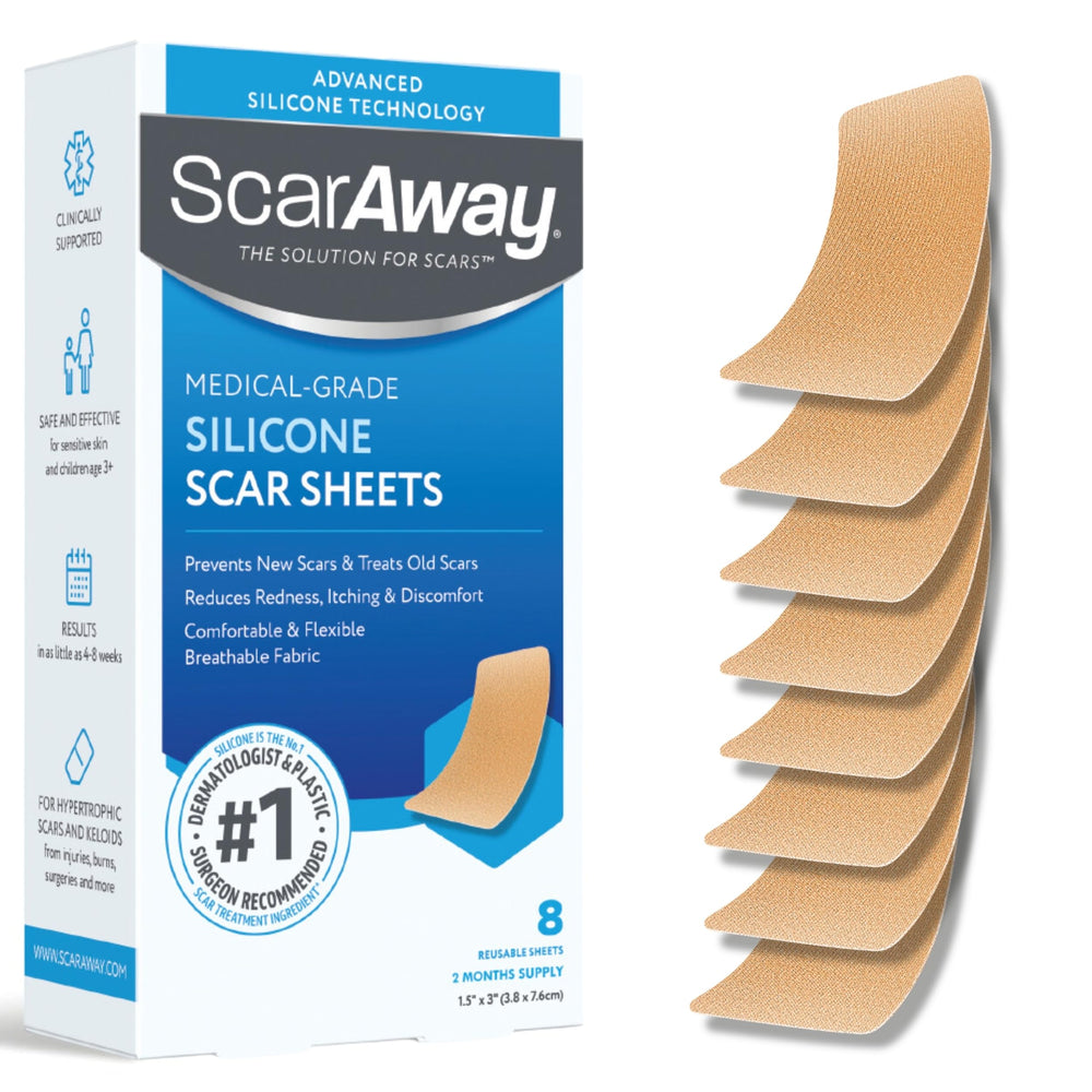 ScarAway advanced silicone scar sheets packaging highlighting reusable design for long-term scar care.