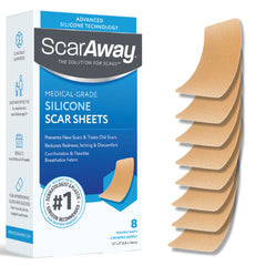 ScarAway advanced silicone scar sheets packaging highlighting reusable design for long-term scar care.