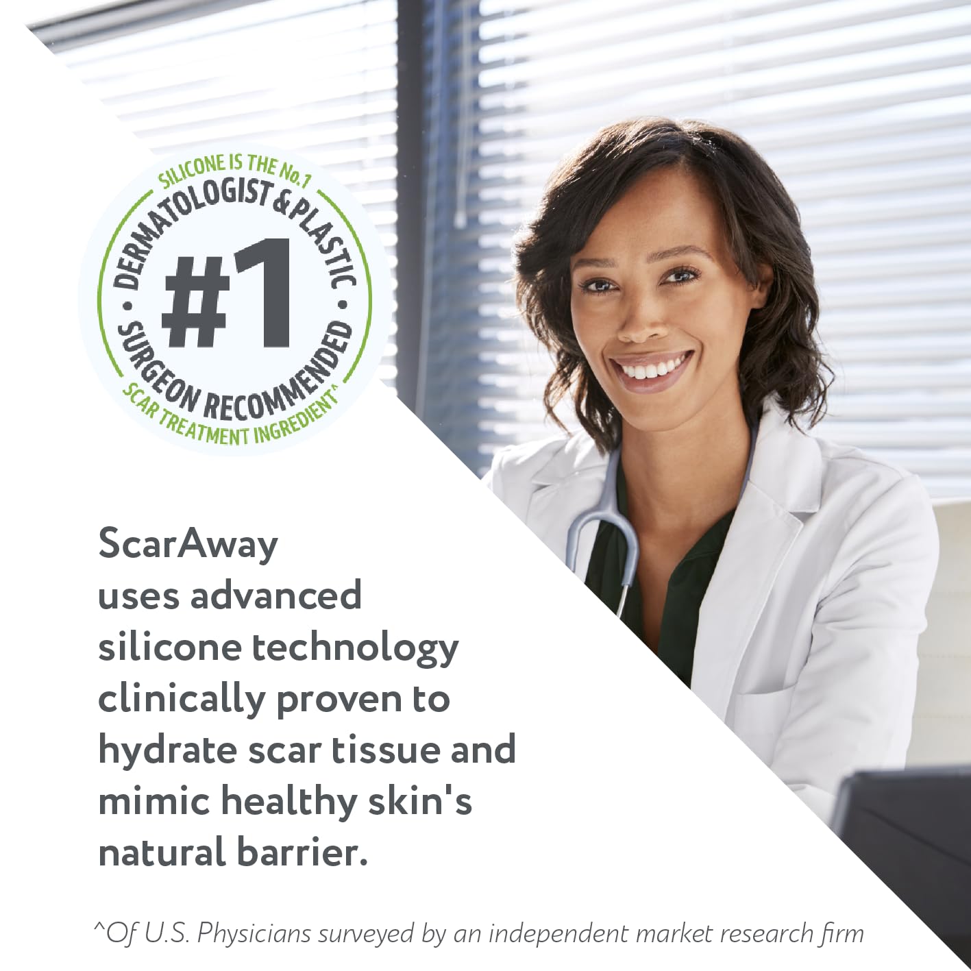 ScarAway sheet on facial scar blending with skin tone for subtle coverage.