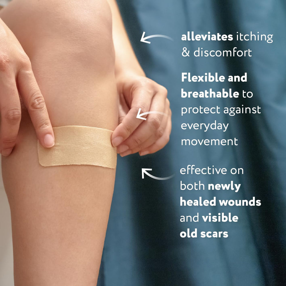 ScarAway silicone sheets on arm illustrate gentle, non-surgical scar management for various scars.