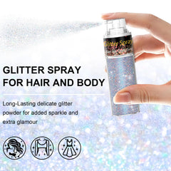 Scarman Glint-Rainbow Glitter Spray applied to hair for a dazzling finish