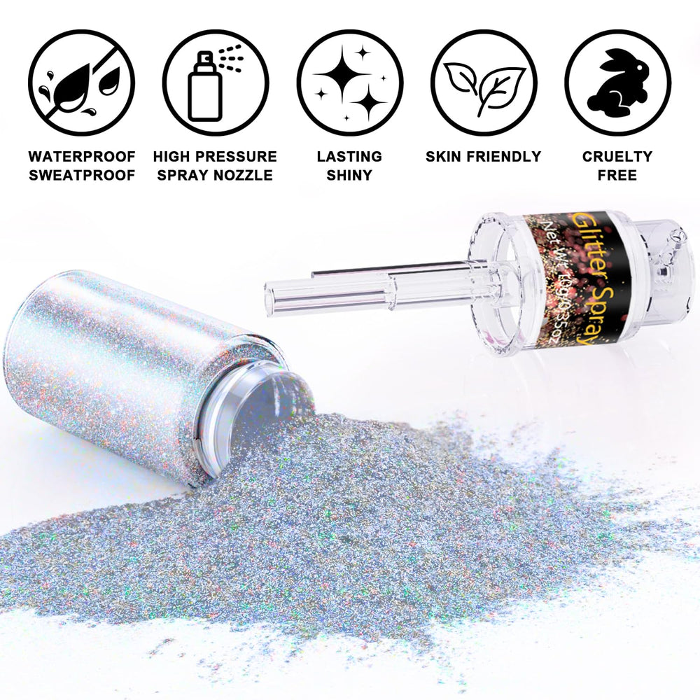 Scarman Glint-Rainbow Glitter Spray on shoulders and arms adds subtle sparkle