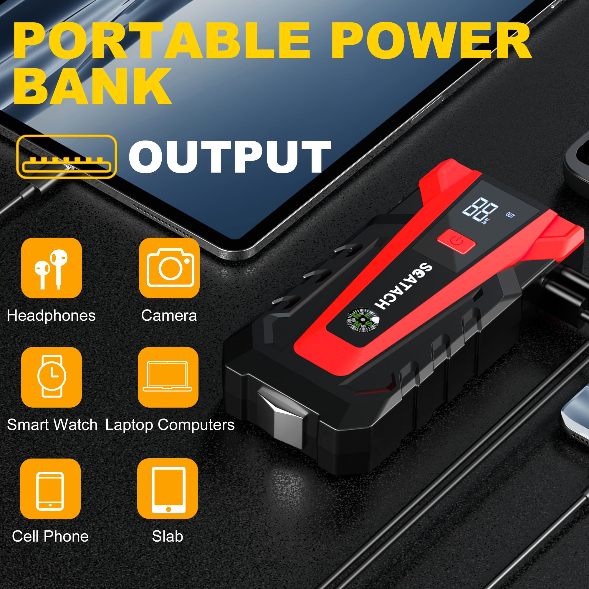 Scatach 3000A jump starter with LED flashlight in use outdoors