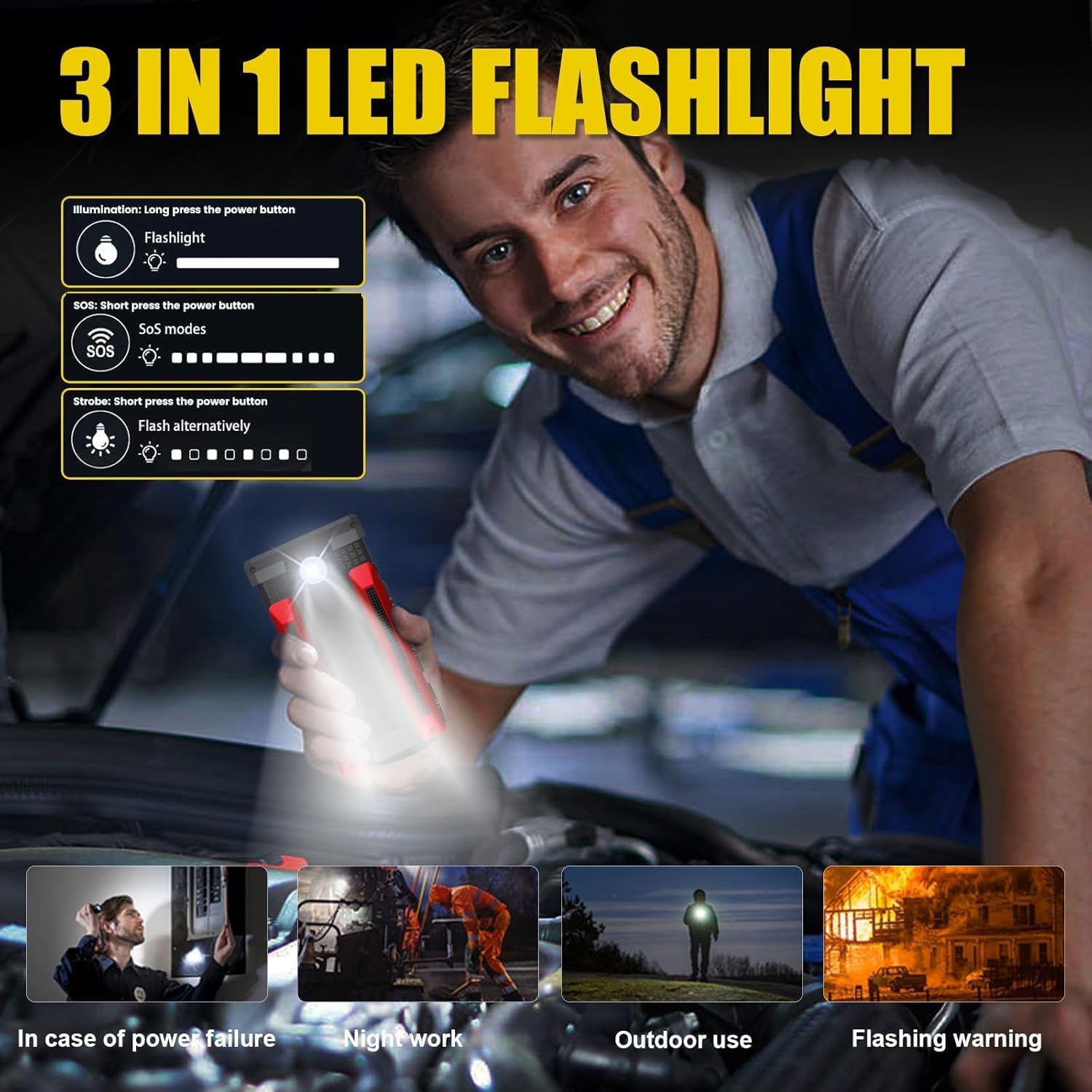 Scatach 4000A jump starter flashlight modes for emergencies.