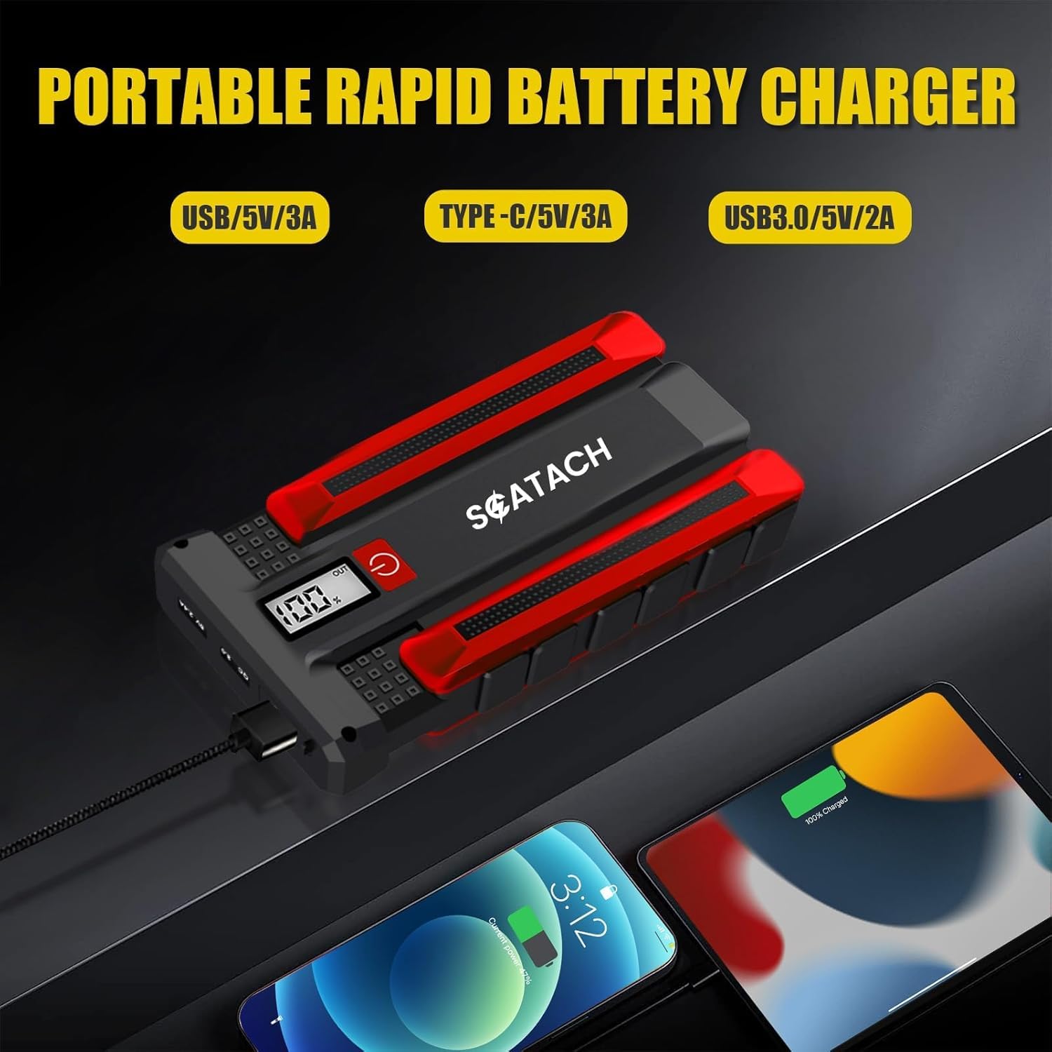 Scatach 4000A jump starter with jumper cables attached.