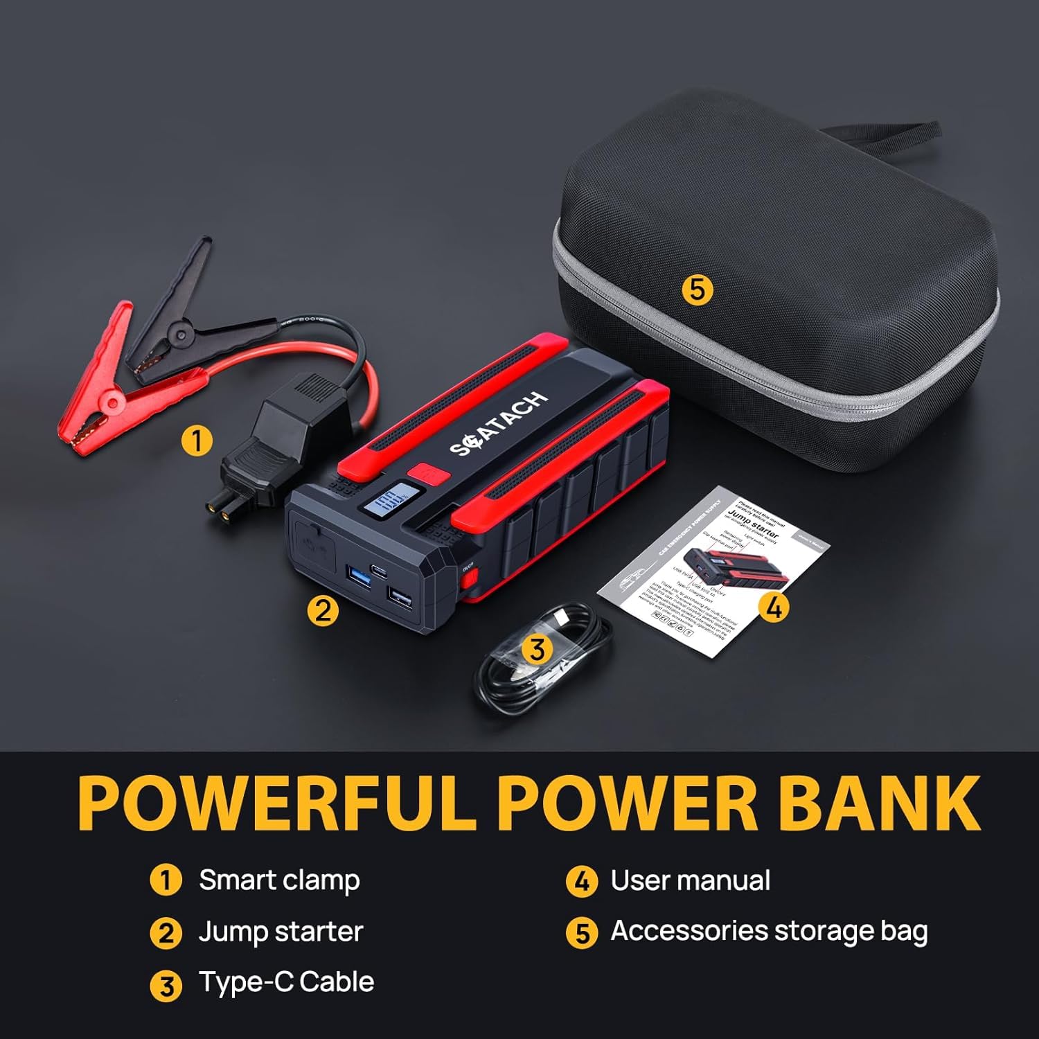 Scatach 4000A jump starter packaging with storage case.
