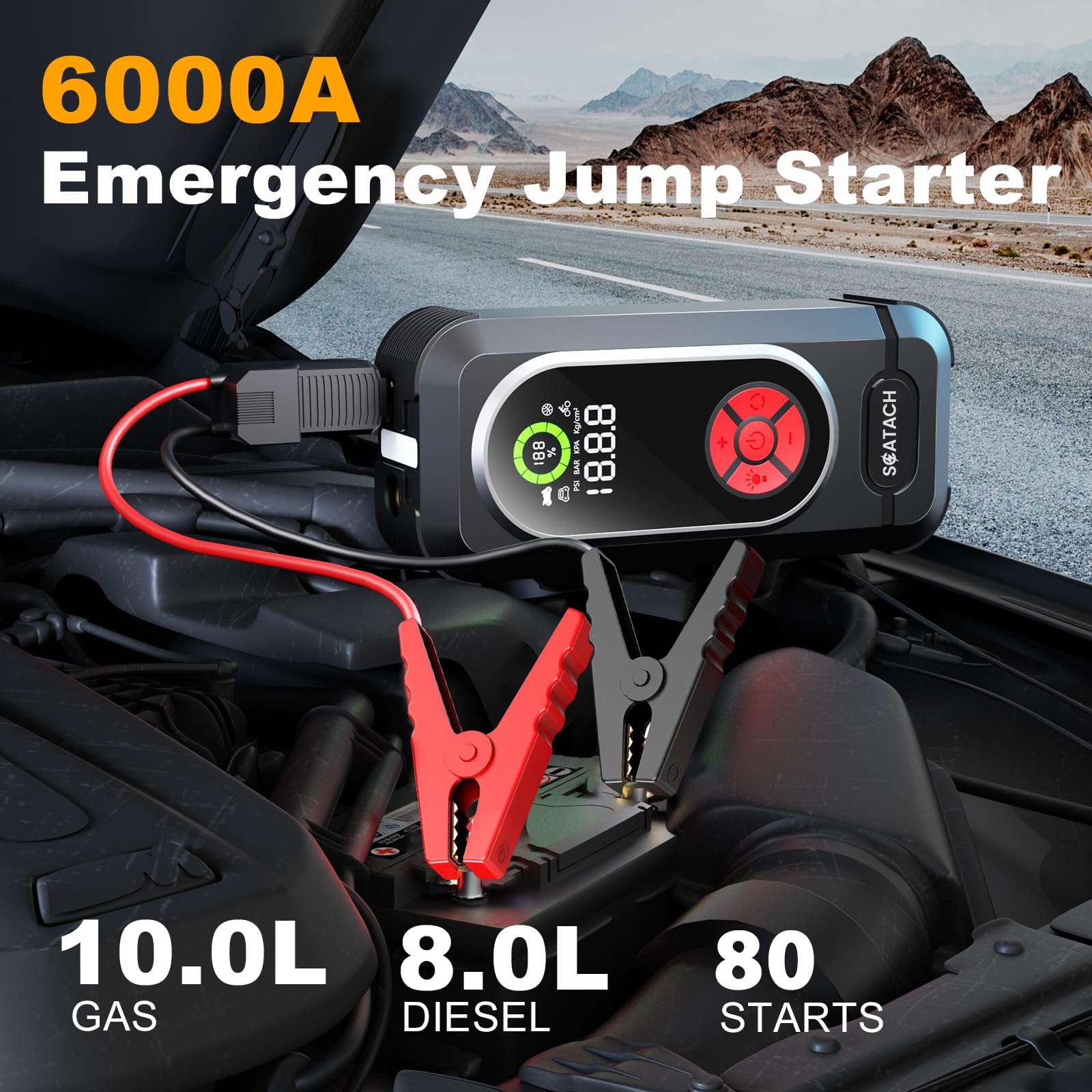 Scatach 6000A all-in-one jump starter highlights integrated tire inflator and power bank