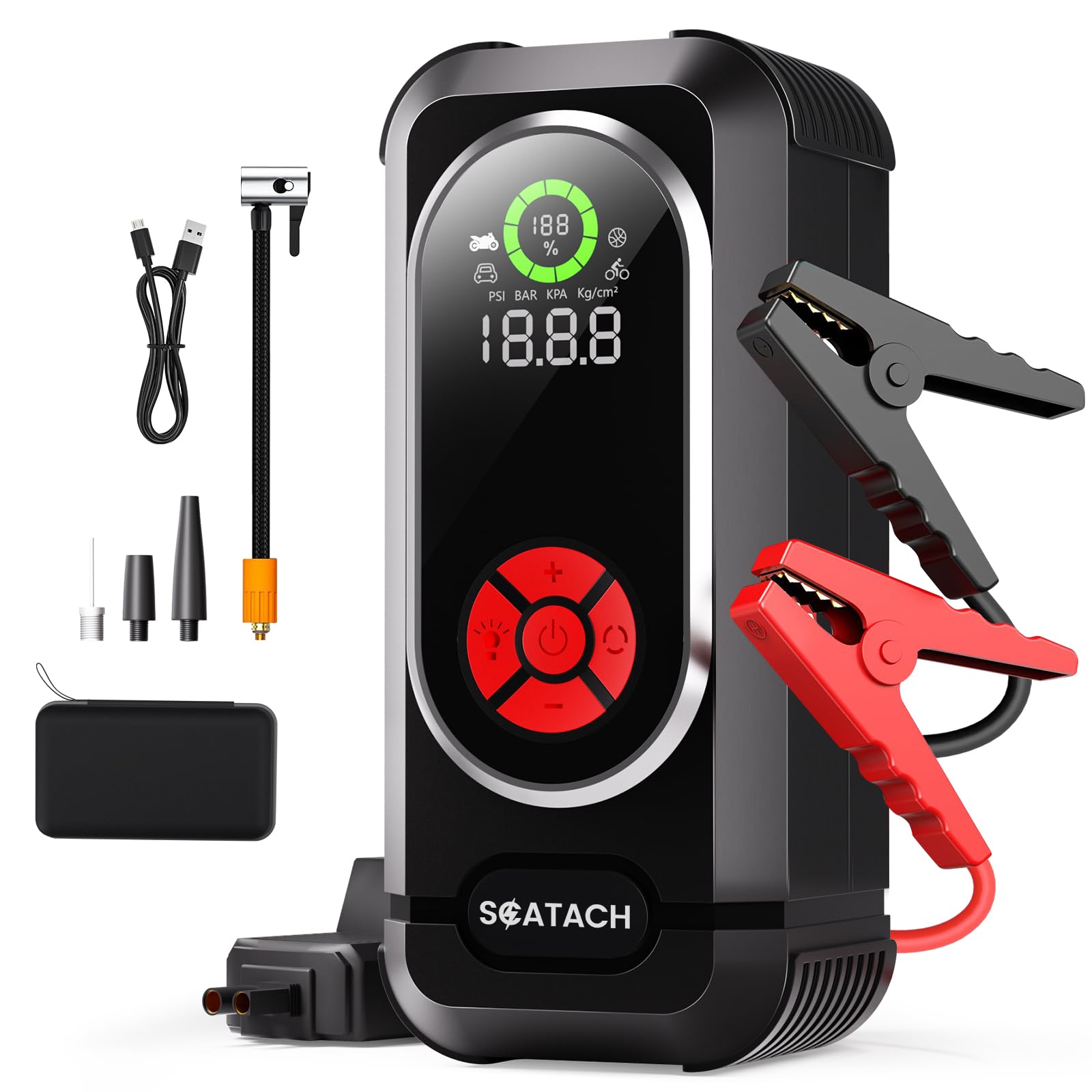 Scatach 6000A jump starter with air compressor closeup, showcasing rugged clamps for quick, reliable starts