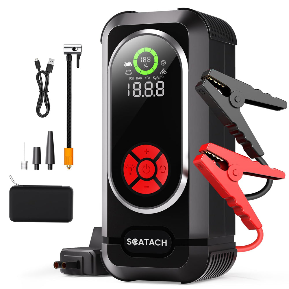 Scatach 6000A jump starter with air compressor closeup, showcasing rugged clamps for quick, reliable starts