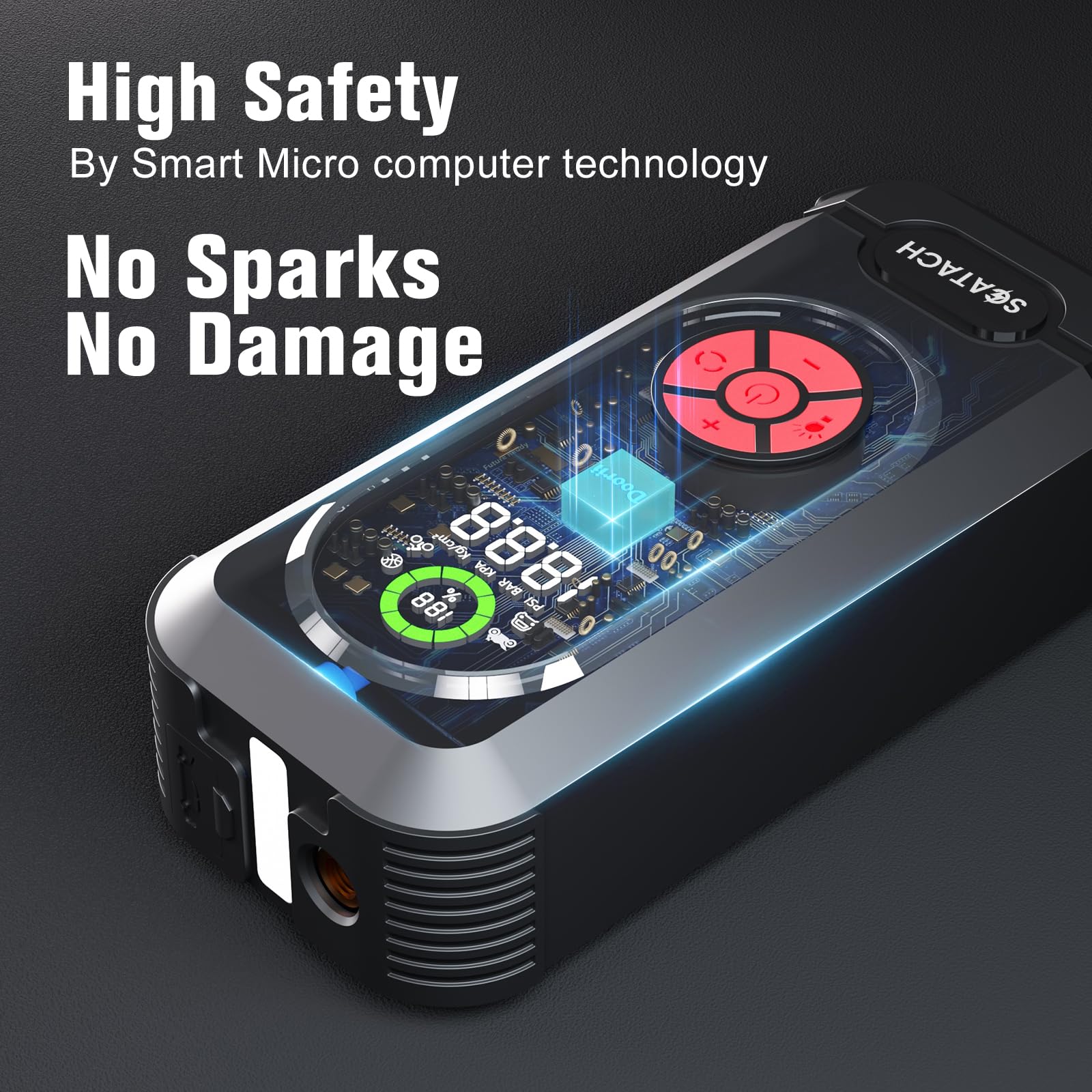 Scatach 6000A LED display clearly presents battery and tire data