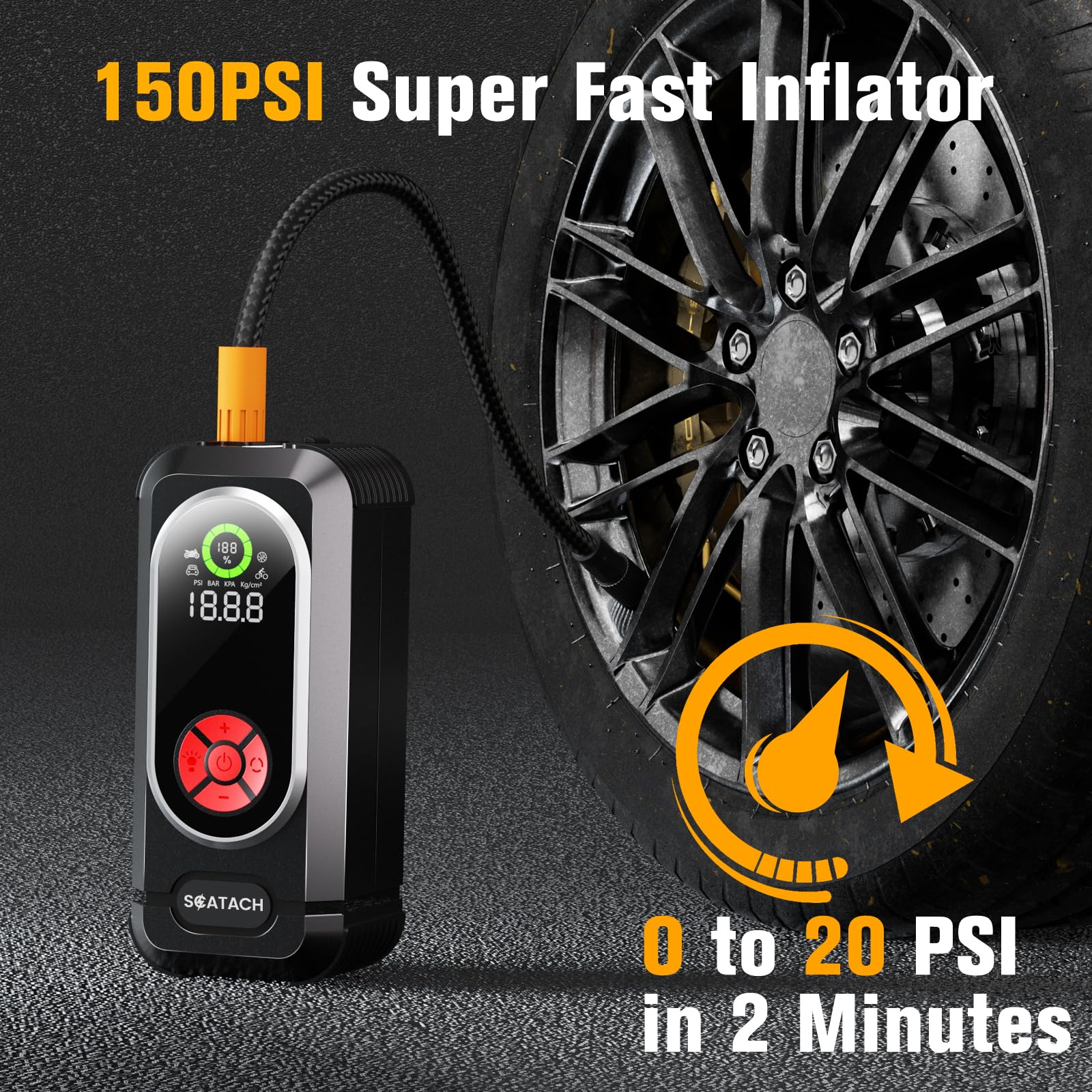Scatach tire inflator display shows PSI in real time during inflation