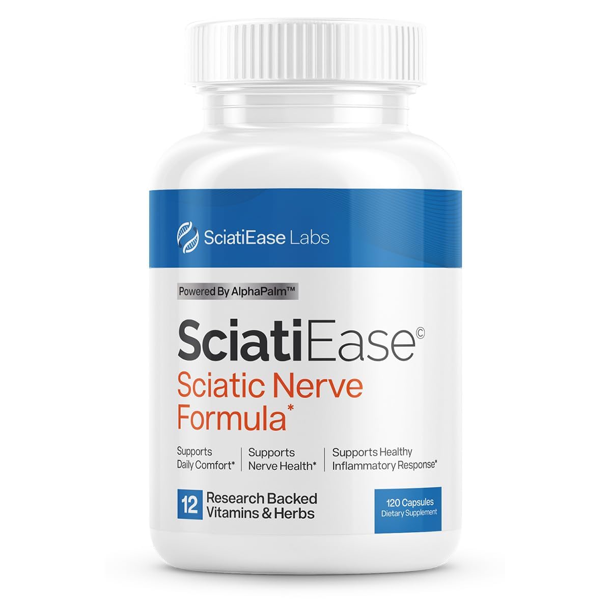 SciatiEase bottle image showing the sciatic nerve supplement for daily support.